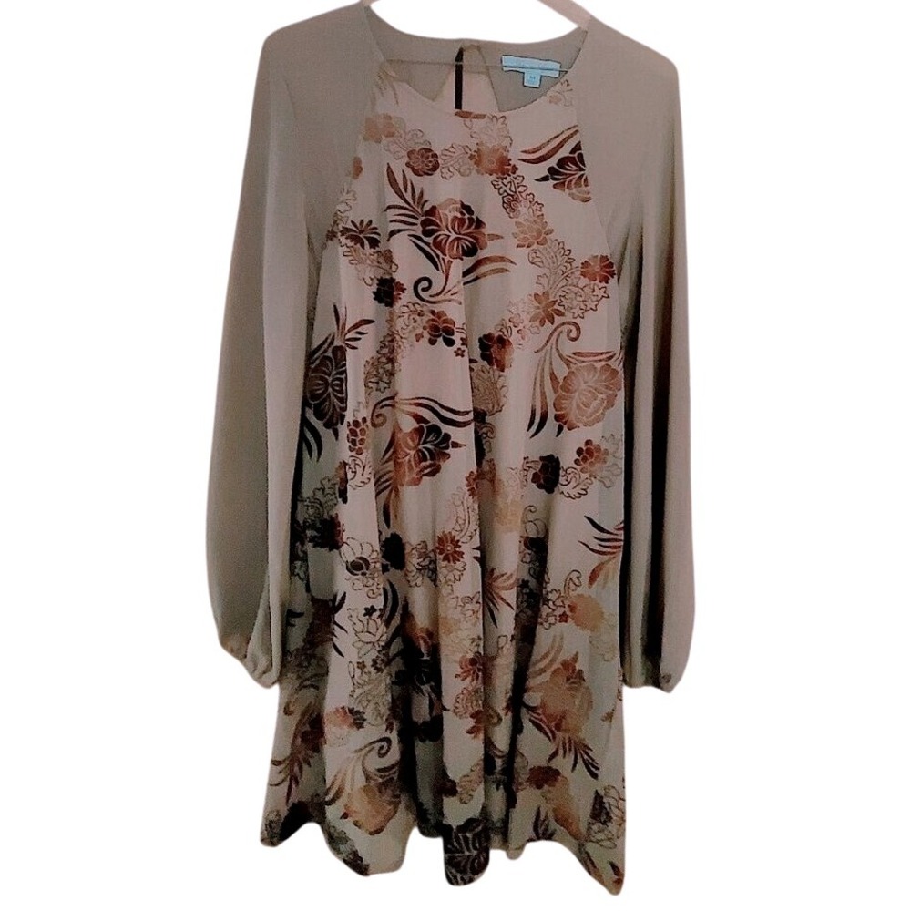 She Sky Floral Print Long Sleeve Dress Sheer Overlay Cutout Back Casual M